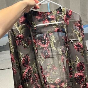 Sheer Black Floral Button-Up Blouse with Pink Roses